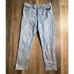 Chico's Platinum Denim Jeans Womens 1 Blue Silver Metallic Foil Slim Leg Pants